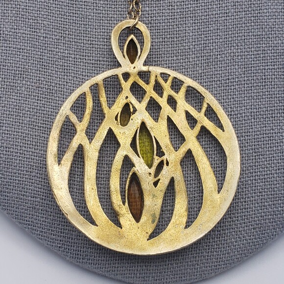 Brushed Matte Gold Tone Large Scrollwork Pendant Chain Necklace Boho - Picture 4 of 10